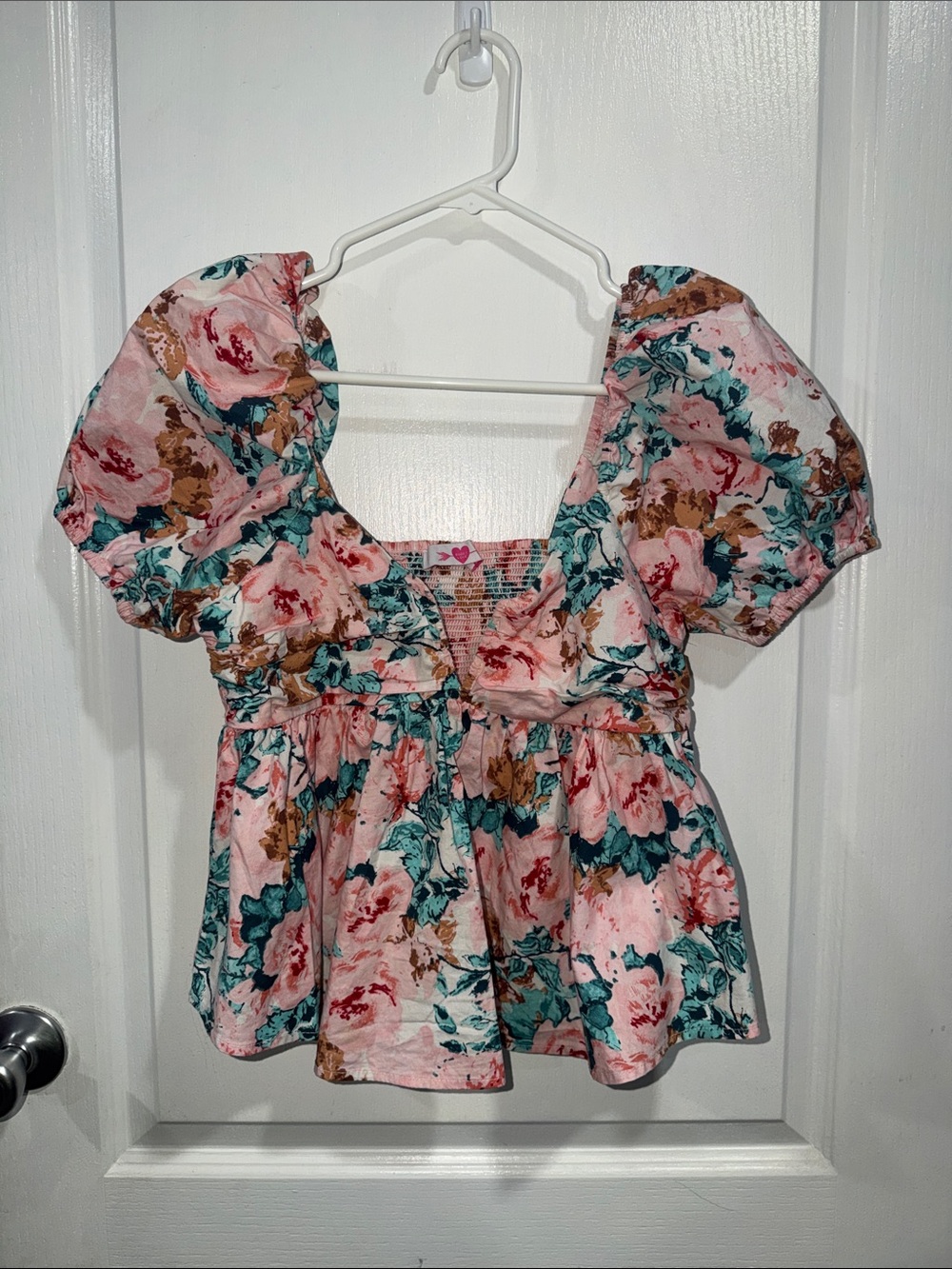 Buddy Love Pink Floral Puff-Sleeve Peplum Top with Teal Accents